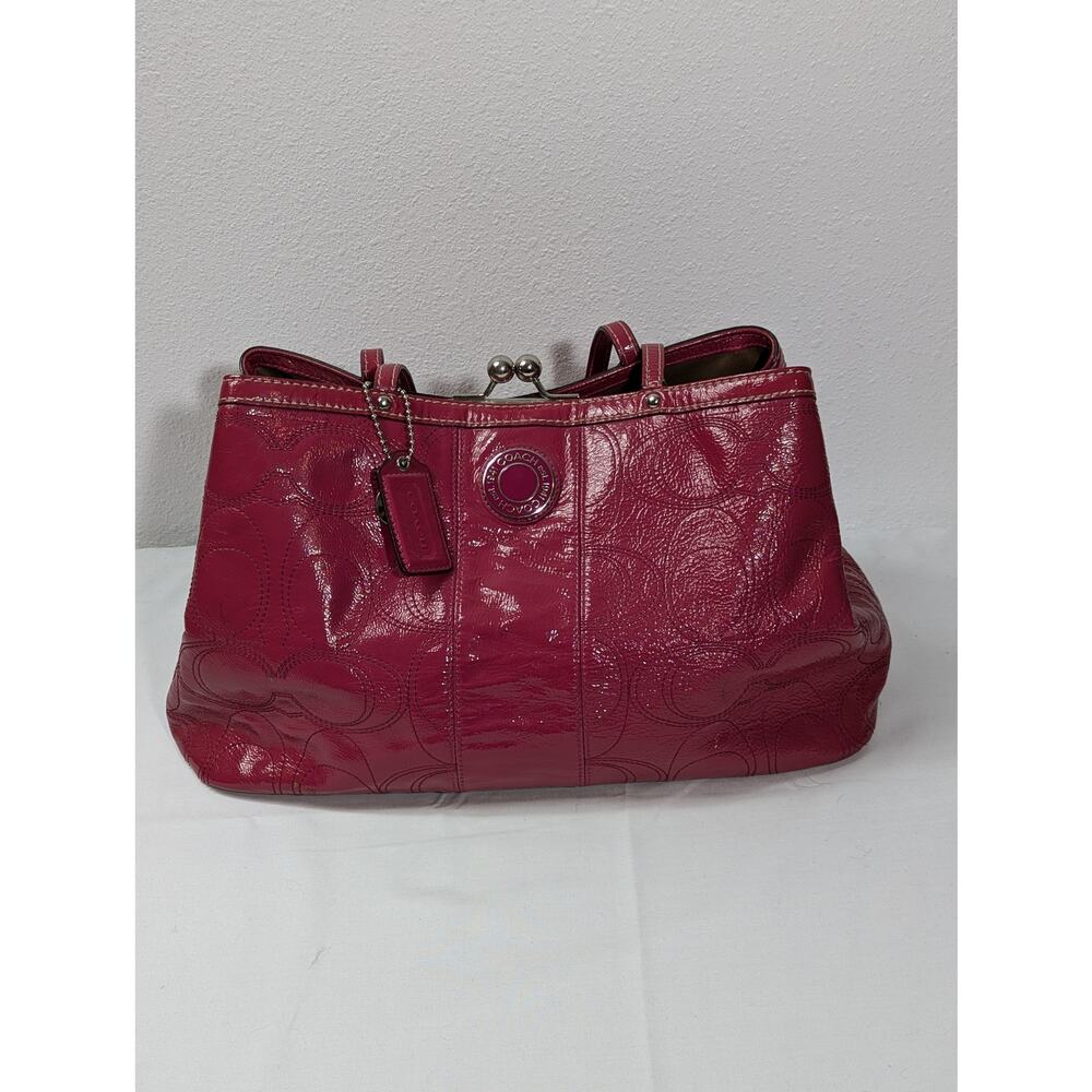 COACH Hot Pink Patent Leather Signature Carryall Kisslock Bag